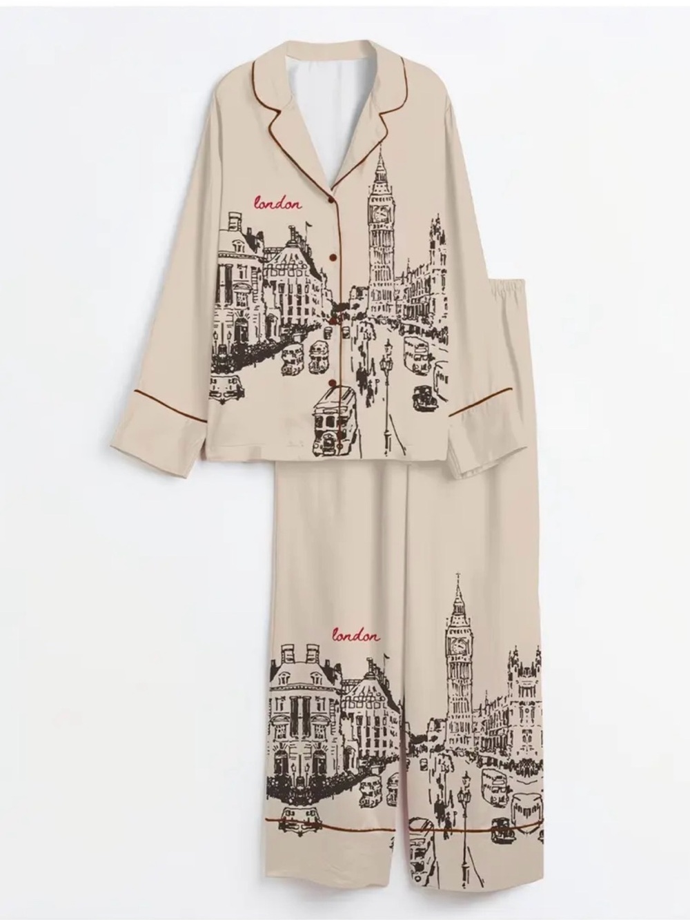 Beige London Print Women's Pajama Set